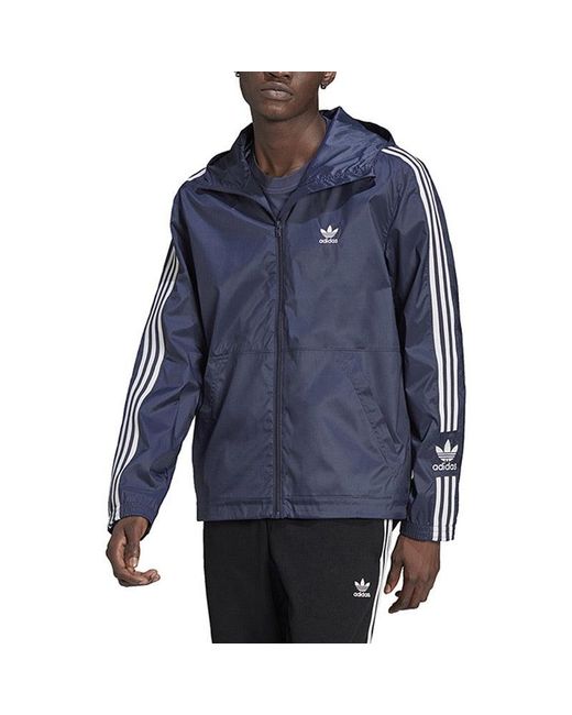Adidas Blue Originals Logo Micro Mark Stripe Athleisure Casual Sports Hooded Woven Jacket for men