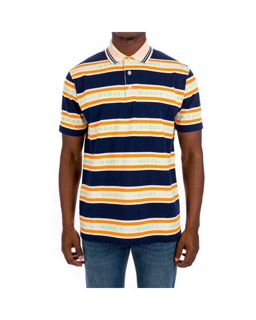 Gucci Blue Logo Collar Stripe Polo 'Ink Ivory' for men