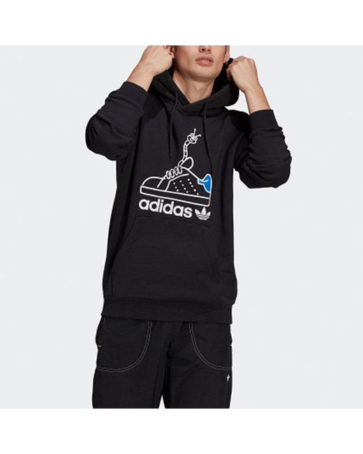 Adidas Black Originals Worm Casual Sports Hooded Printing Pullover for men
