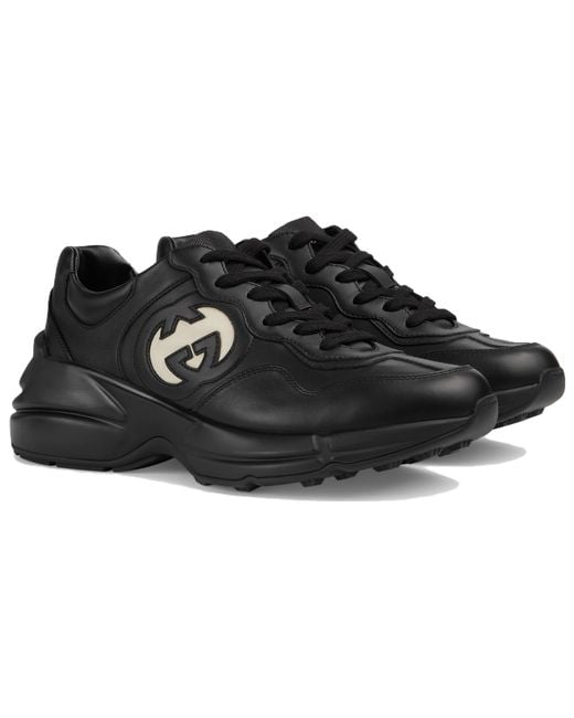 Gucci Black Rhyton Interlocking G Leather Low-top Trainers