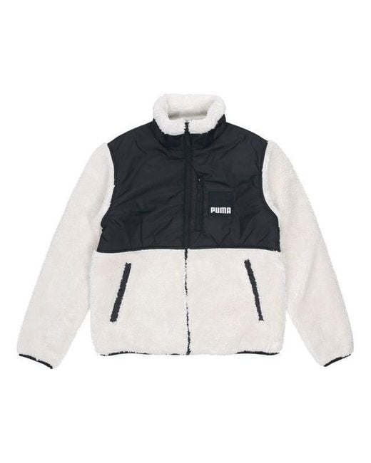 PUMA Blue Sherpa Contrasting Colors Sports Lamb's Wool Stand Collar Logo Jacket for men