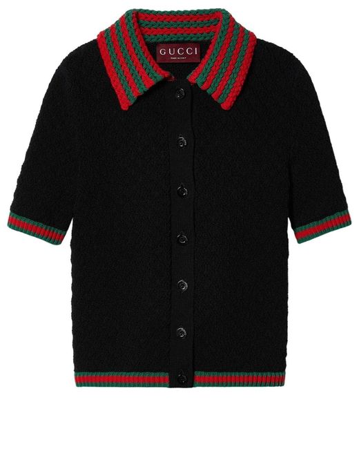 Gucci Black Cotton Lace Polo With Web