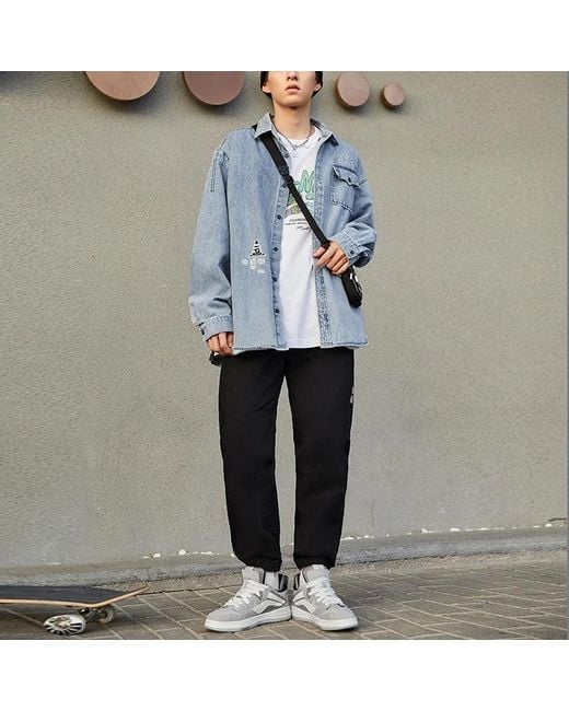 Li-ning Blue Skateboard Series Logo Embroidered Loose Washed Denim Shirt 'Light' for men