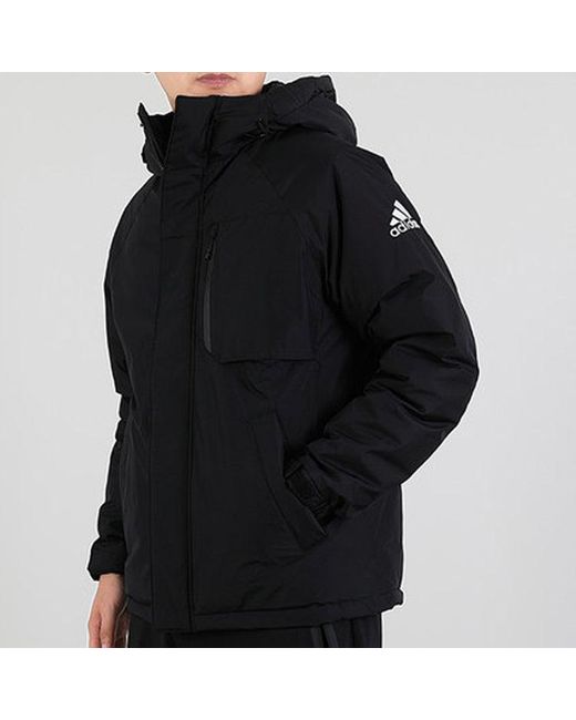 Adidas Black Originals Bos Logo Down J Stay Warm Solid Color Hooded Down Jacket for men