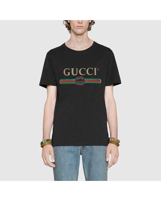 Gucci Black Distressed Fake Logo T Shirt for men