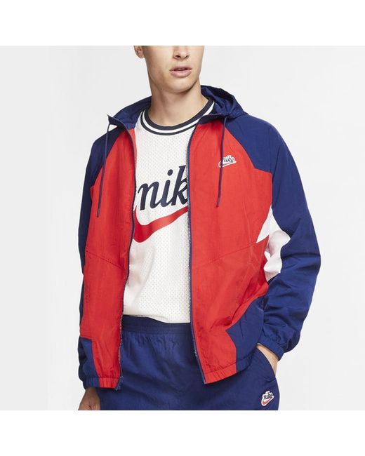 Nike Sportswear Heritage Windrunner Splicing Hooded Woven Logo Jacket Redblue for men
