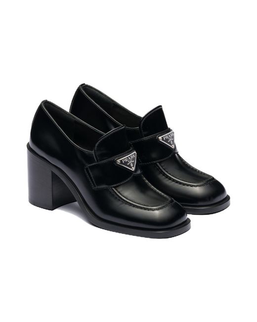 Prada Black (Wmns) Brushed Leather High-Heel Loafers
