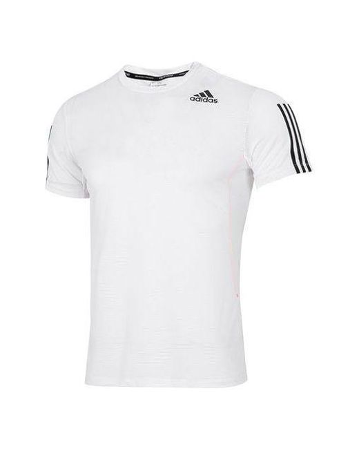 Adidas White Solid Color Stripe Logo Micro Mark Athleisure Casual Sports Round Neck Short Sleeve for men
