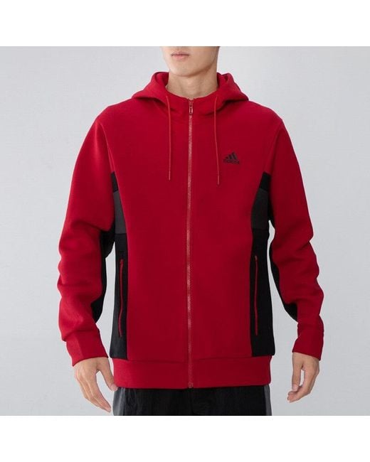 Adidas Red St Kn Spcr Jkt Contrasting Colors Pocket Knit Sports Hooded Logo Jacket for men
