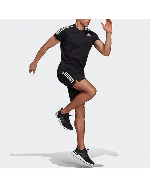 Adidas Black Own The Run Tee Sports Training Stripe Round Neck Short Sleeve for men