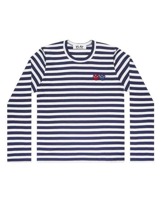 COMME DES GARÇONS PLAY Blue (Wmns) Striped Double Hearts Logo Long Sleeves Tee