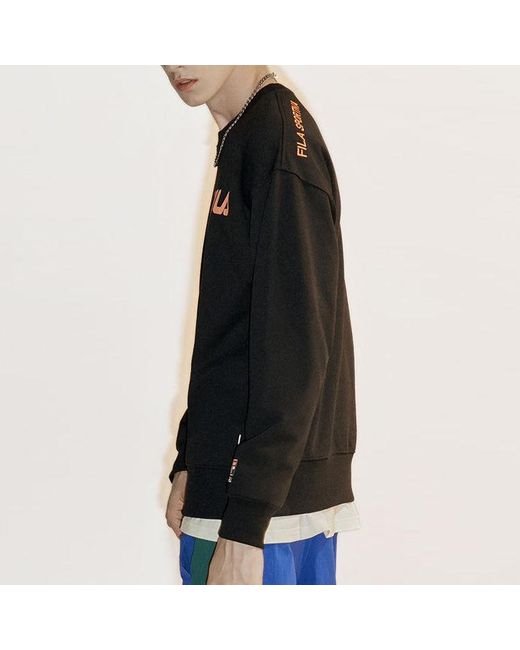 Fila Black Alphabet Logo Printing Sports Round Neck Pullover Couple Style