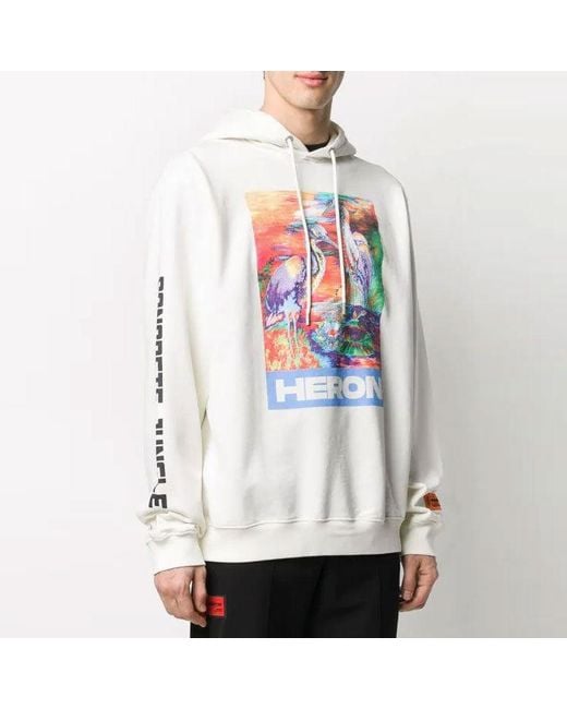 Heron Preston White Heron Water Colours Print Embroidery Popover Hoodie for men
