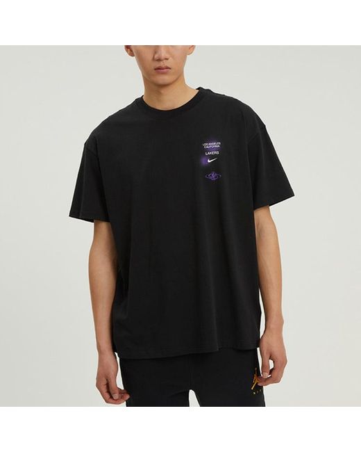 Nike X Nba Crossover Los Angeles Lakers Courtside Pattern Printing Round Neck Short Sleeve Black for men