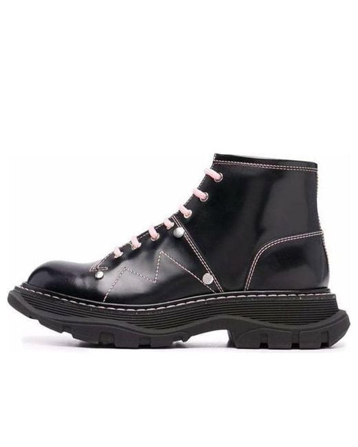 McQueen Black (Wmns) Contrast Stitch Tread Lace Up Boots