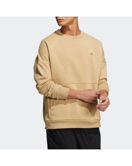 Adidas Natural Solid Color Logo Embroidered Casual Round Neck Pullover Khaki