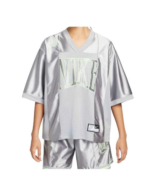 Nike Gray (Wmns) Sportswear Street Oversized Graphic Jersey Top Asia Sizing 'Smoke Barely Volt'
