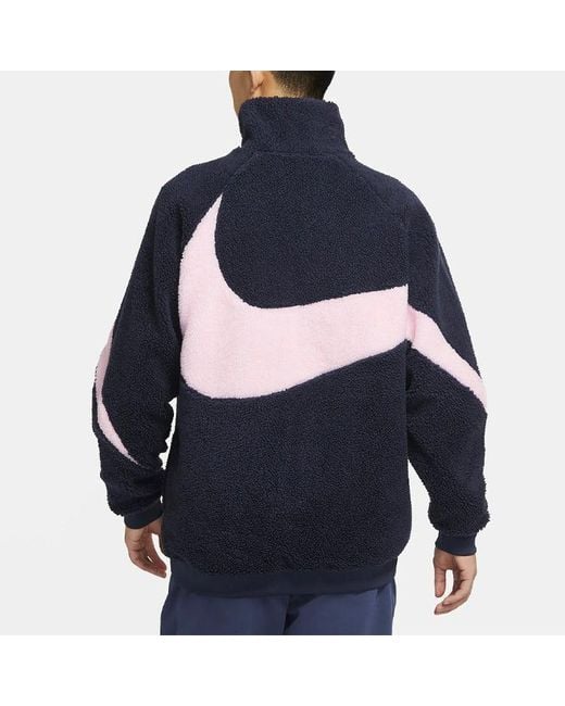 Nike Blue Big Swoosh Large Logo Lamb's Wool Stay Warm Stand Collar Jacket Obsidian Color for men