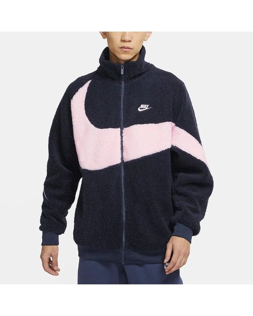 Nike Blue Big Swoosh Large Logo Lamb's Wool Stay Warm Stand Collar Jacket Obsidian Color for men