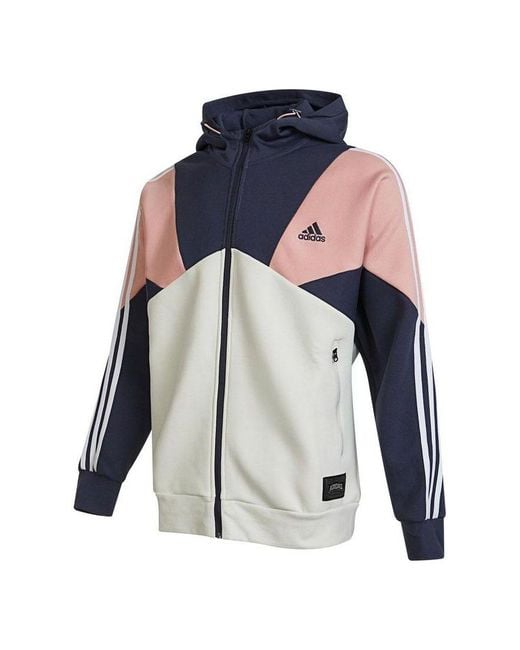Adidas Blue Logo Printing Contrasting Colors Color Block Hooded Jacket Autumn for men