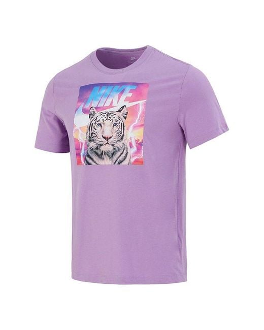 Nike Purple Tiger Pattern Logo Athleisure Casual Sports Short Sleeve T-Shirt for men