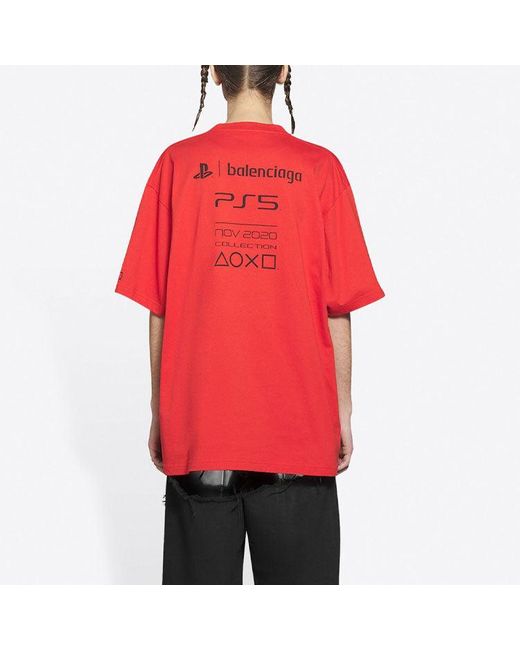 Balenciaga Red X Playstation Crossover Fw21 Ps5 Alphabet Geometry Pattern Printing Short Sleeve