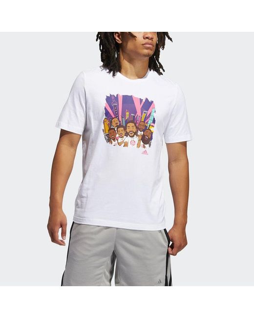 Adidas White Shanghai Tee Cartoon Printing Basketball Sports Short Sleeve for men
