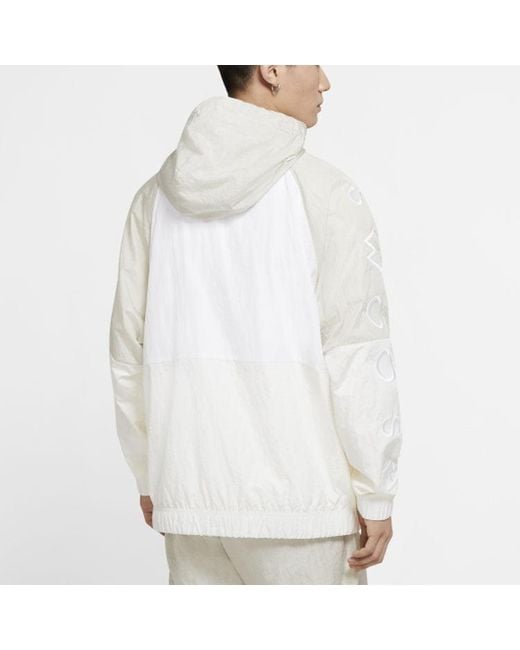 Nike White Sportswear Swoosh Half Zipper Big Pocket Woven Hooded Logo Jacket for men