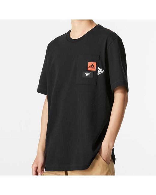 Adidas Black Solid Color Logo Pocket Athleisure Casual Sports Round Neck Short Sleeve T-Shirt for men