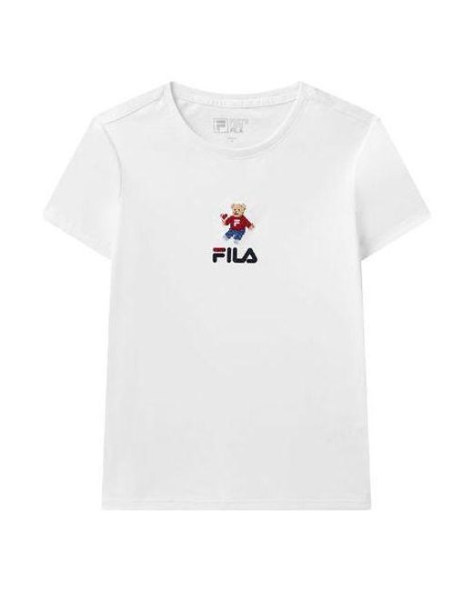 Fila White (Wmns) Bear Pattern Round Neck Pullover Short Sleeve