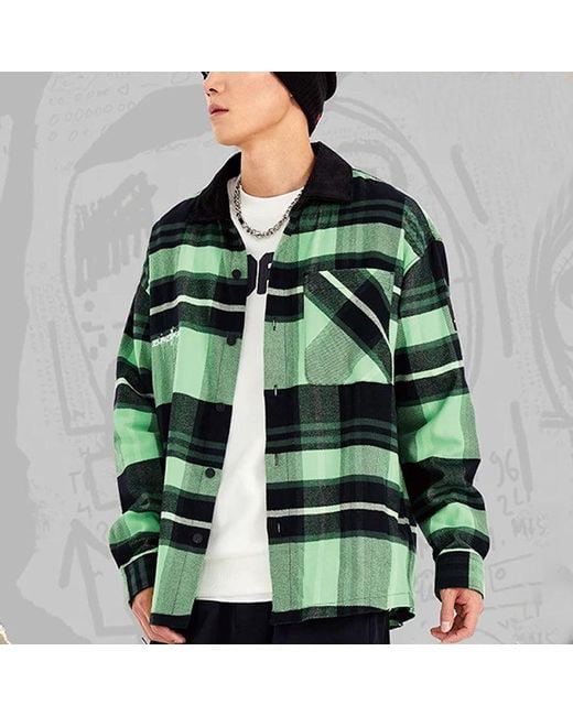 Li-ning Green Badfive Sports Basketball Series Plaid Loose Fleece Lined Long Sleeves Shirt for men