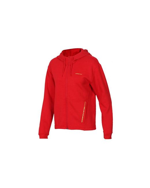 Adidas Red Neo Flowers Printing Sports Drawstring Hooded Jacket