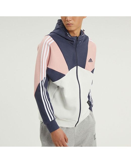 Adidas Blue Logo Printing Contrasting Colors Color Block Hooded Jacket Autumn for men
