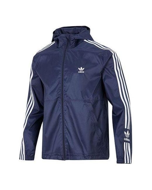 Adidas Blue Originals Logo Micro Mark Stripe Athleisure Casual Sports Hooded Woven Jacket for men