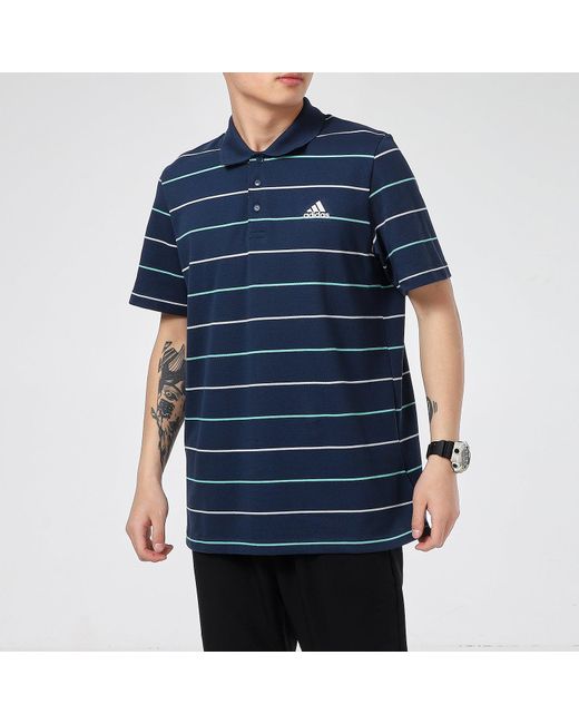 Adidas Blue Striped Logo Print Sports Short Sleeve Polo Shirt for men