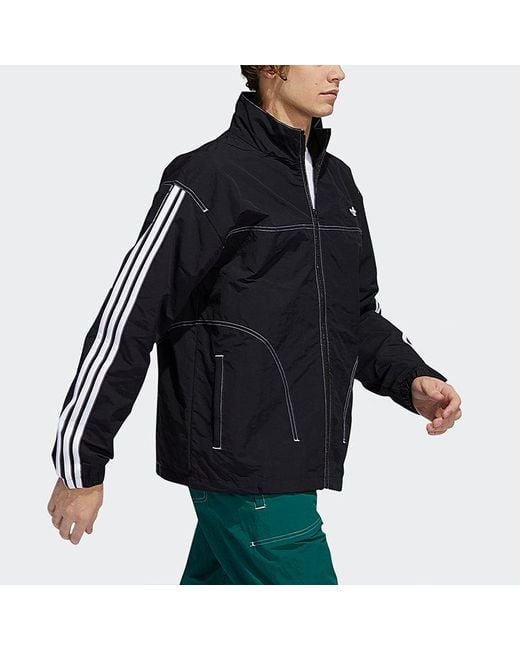 Adidas Black Originals Embroidered Logo Stand Collar Sports Jacket for men