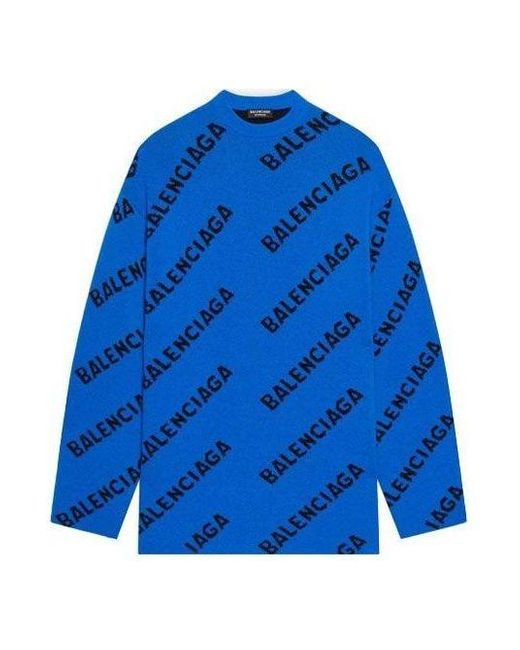 Balenciaga Blue All Over Logo Crewneck Wool Knit Sweater for men