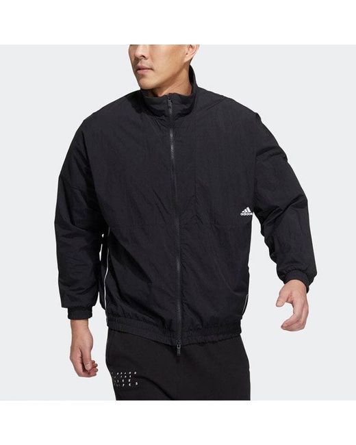 Adidas Blue Solid Color Minimalistic Alphabet Printing Casual Sports Stand Collar Woven Black Jacket