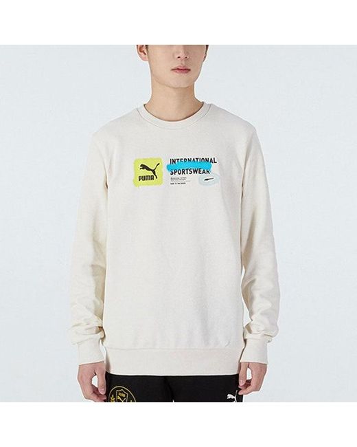 PUMA White Logo Pattern Printing Sports Round Neck Pullover for men
