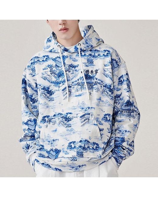 Li-ning Blue Full Print Loose Pullover Hoodie for men
