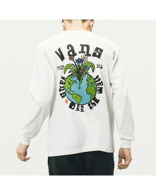 Vans White Earth Pattern Printing Round Neck Long Sleeves T-Shirt for men