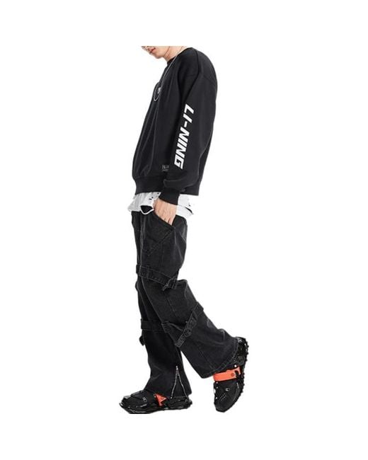 Li-ning Black Sports Fashion Series Embroidered Logo Loose Fleece Lined Round Neck Pullover for men
