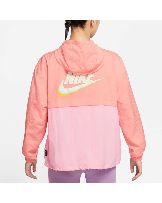 Nike Pink (Wmns) Sportswear Icon Clash Pattern Embroidered Contrasting Colors Light Woven Hooded Jacket Deep