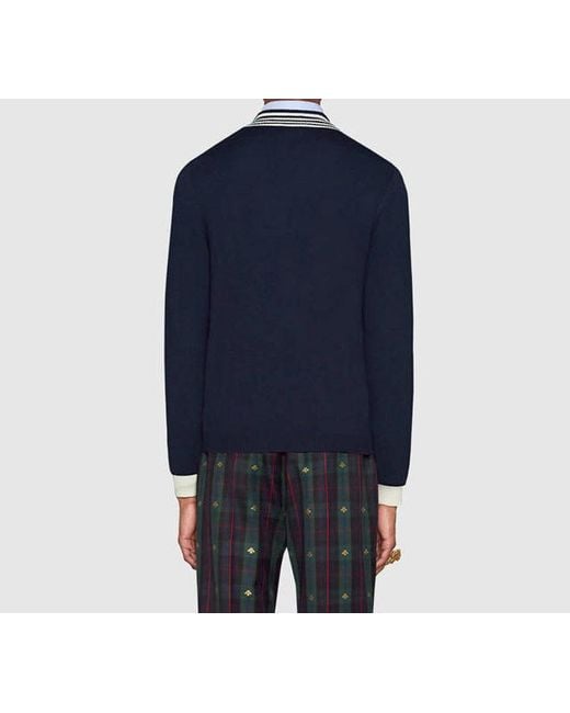 Gucci Blue Bee Pattern V-Neck Wool Sweater for men