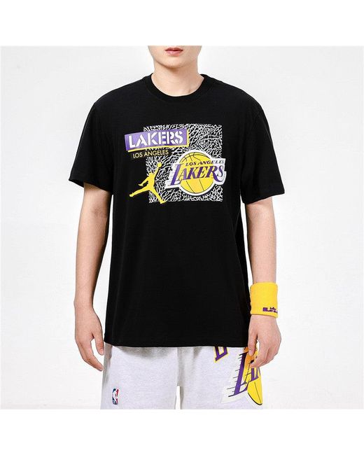 Nike Black Dri-Fit Nba Los Angeles Lakers Printing Basketball Sports Round Neck Short Sleeve for men