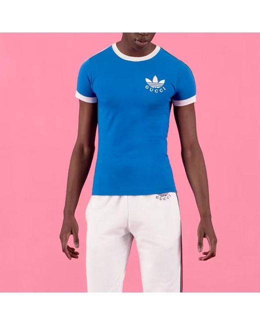 Gucci Blue X Adidas Trefoil Print T-Shirt