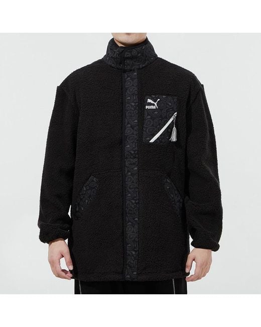 PUMA Black Paisley Imitation Lamb Wool Stand-Up Collar Jacket