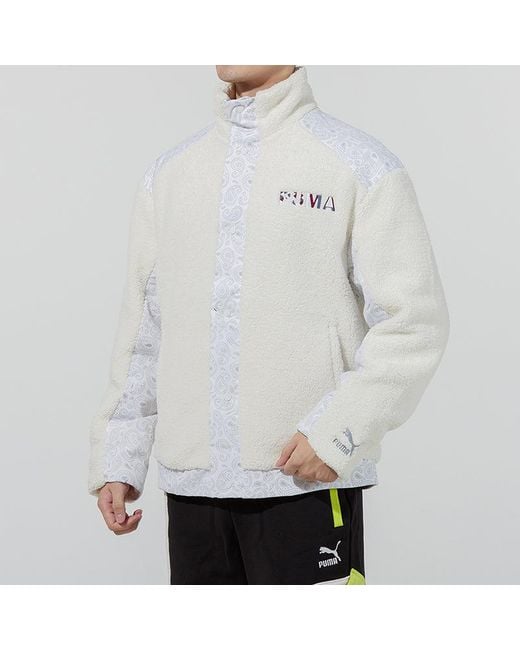 PUMA White Paisley Woven Patched Sherpa Jacket Cashew Splicing Lamb's Wool Stay Warm Logo for men