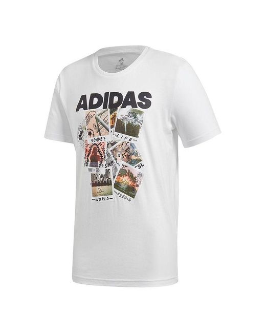 Adidas White Doodle Photos Photo Printing Sports Round Neck Short Sleeve for men