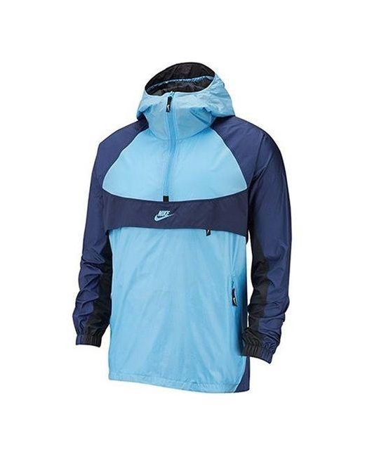 Nike Blue Colorblock Half Zipper Woven Hooded Jacket for men